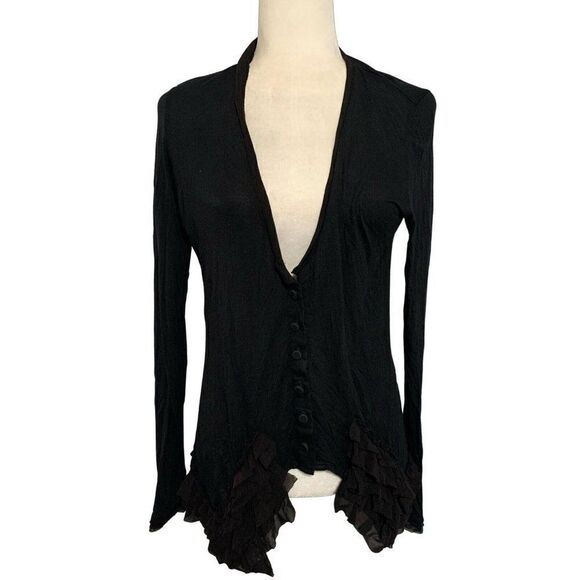 heike jarick womens solid black long sleeve v neck cardigan Sweater top 8 medium - Picture 1 of 4